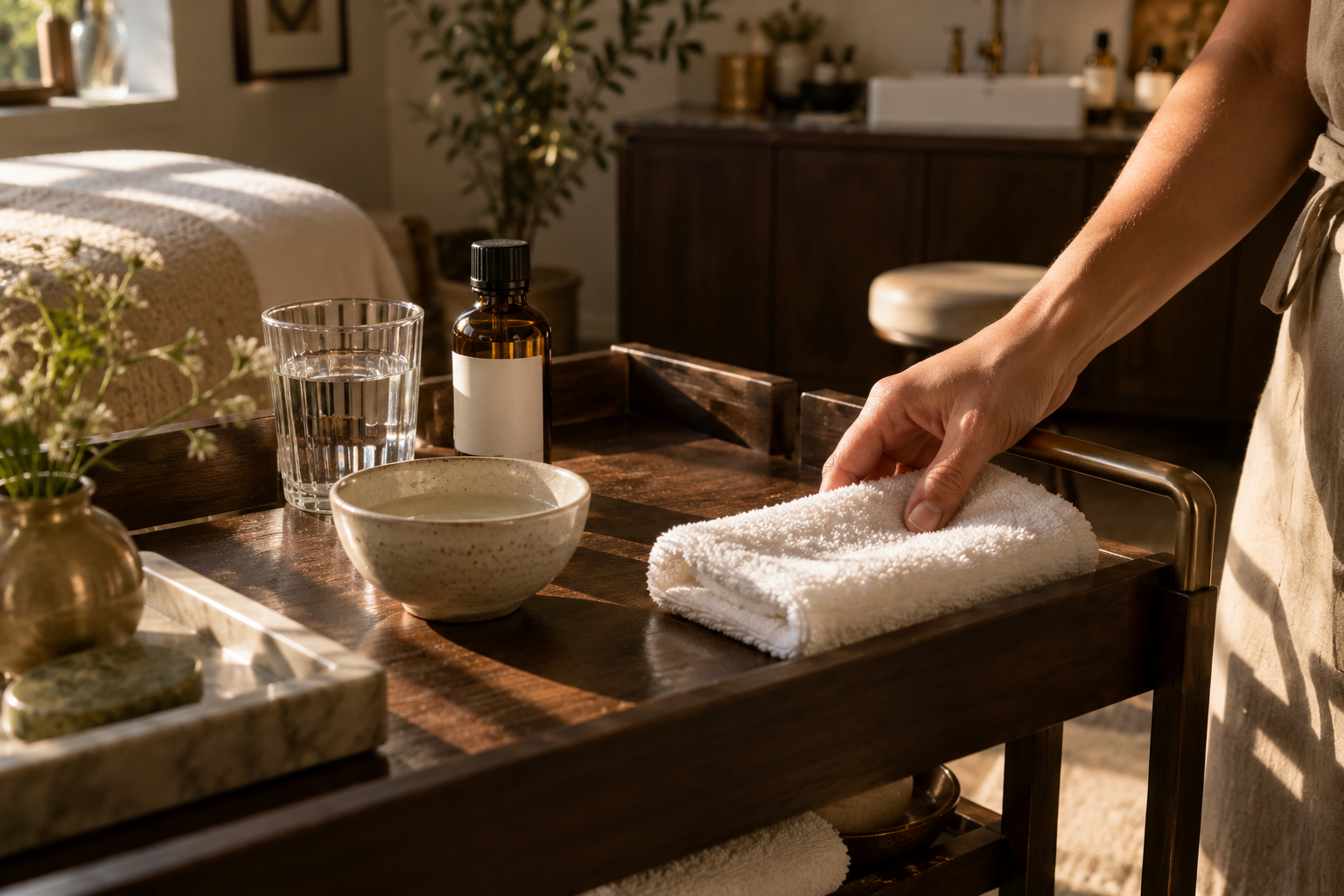 Fresh towels, a ceramic bowl, and skincare essentials on a walnut studio trolley